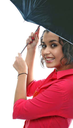 young pretty girl with umbrella. on white background.の写真素材