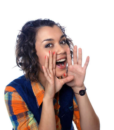 A businesswoman in a suit gestures with her hands andの写真素材