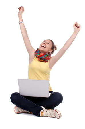 girl with laptop - isolated over a white backgroundの写真素材