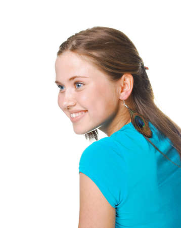 Closeup portrait of a happy young woman smiling isolated on white backgroundの写真素材