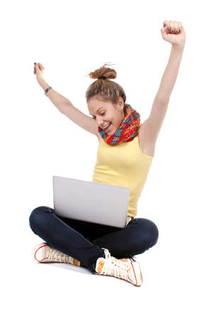 girl with laptop - isolated over a white backgroundの写真素材