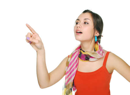 Woman touching an imaginary screen with her finger - isolatedの写真素材