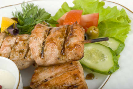 pork (or chicken) on a grill spit with saladの写真素材