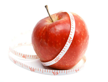 Red fresh apple with tape on white background  health and diet concept の写真素材