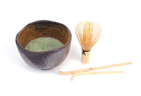 Bamboo spoons and green teaの写真素材
