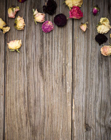 Dry roses on old wood background with copy spaceの写真素材