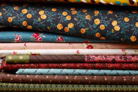 heap of cloth fabrics on wooden table