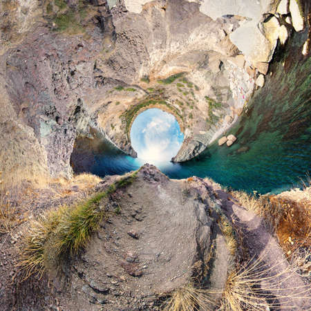 Stereographic panoramic projection of a green field with trees in the summer. 360 degree panorama.の写真素材