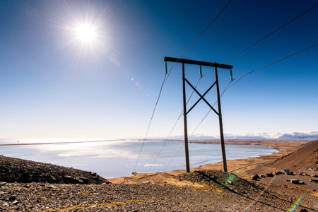 Power line in Iceland. Electricity.