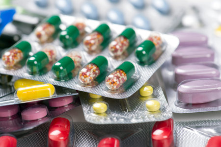 Pharmacy theme. Multicolored Isolated Pills and Capsules.