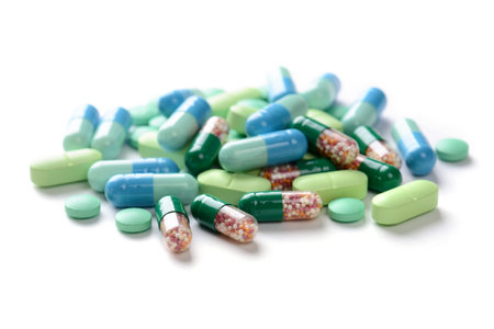 Pharmacy theme. Multicolored Isolated Pills and Capsules.
