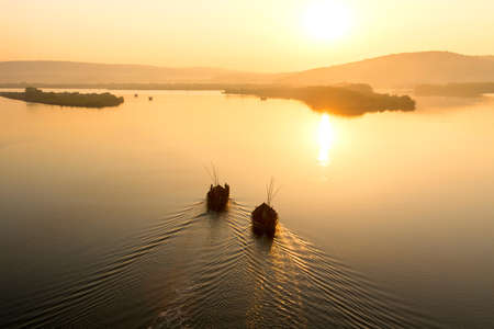 Two boats in dawn, India, Goaの写真素材