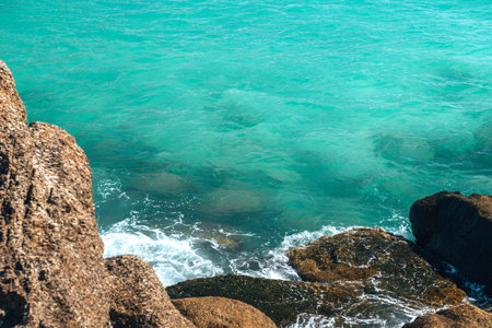 Beautiful view on sea in Thailand with stones and threes. Top view