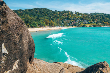 Beautiful view on sea in Thailand with stones and threes. Top view