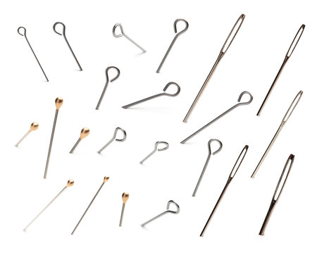 Pushpins and needles collection on white background. Each one is shot separately.