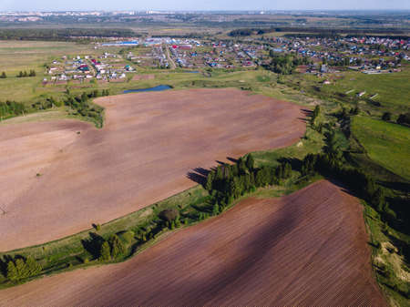 Drone view on a plowed fieldの写真素材