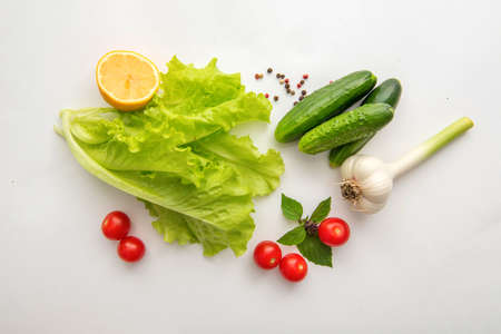 Ingredients for green salad cooking.の写真素材