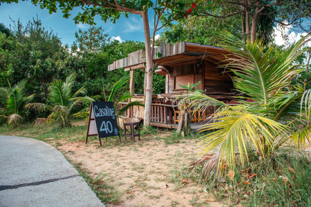 Exterior of new wooden cafe with advertising spaceの写真素材