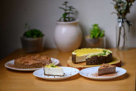 Vegan nut cake. Lime and Chocolate Cashew Tartの写真素材