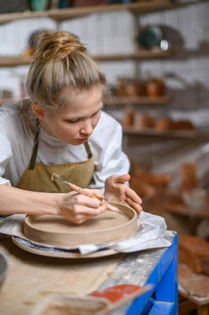 A ceramist makes a plate. Woman in an apron works in a pottery workshop.の写真素材