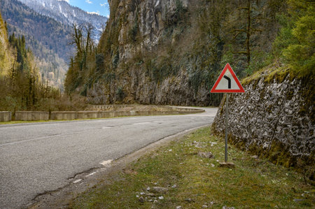 Mountain road with steep cliffs. Beautiful road landscapeの写真素材