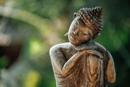 Statuette of Buddha on a background of green leaves close upの写真素材