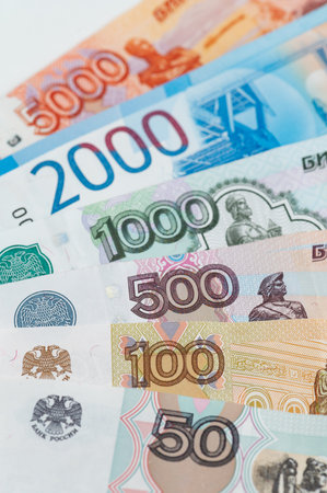 Russian rubles background. Money background and texture. Banknotes of different denominations
