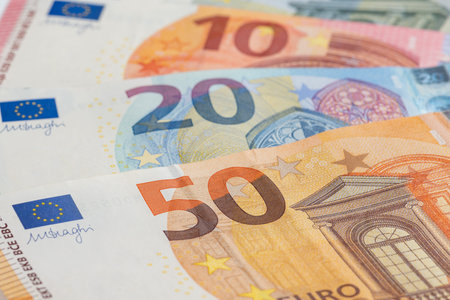 5, 10, 20, 50 euro banknotes. Money on white background