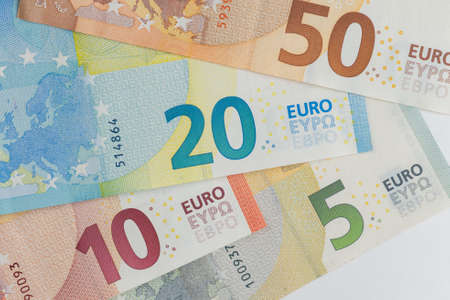 5, 10, 20, 50 euro banknotes. Money on white backgroundの写真素材