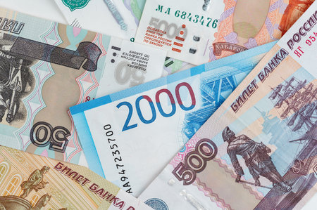 Russian rubles background. Money background and texture. Banknotes of different denominations