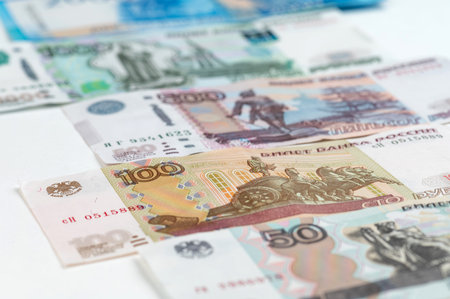 Russian rubles background. Money background and texture. Banknotes of different denominations