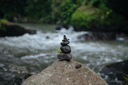 Jungle river and waterfall on background. Bali, Ubud.の写真素材