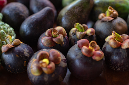 Mangosteen background. Set of Balinese fruits and vegetables . Flat layの写真素材