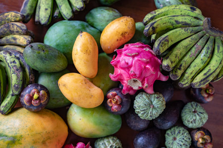 Set of Balinese fruits and vegetables . Flat layの写真素材
