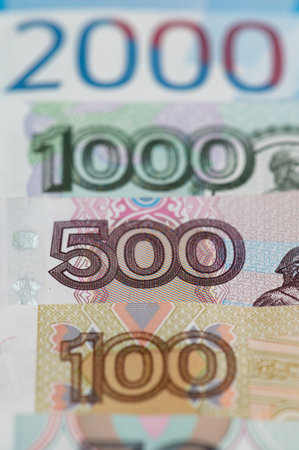 Russian rubles background. Money background and texture. Banknotes of different denominationsの写真素材