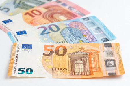 5, 10, 20, 50 euro banknotes. Money on white backgroundの写真素材