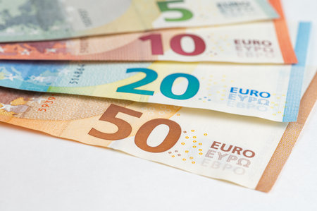 5, 10, 20, 50 euro banknotes. Money on white backgroundの写真素材