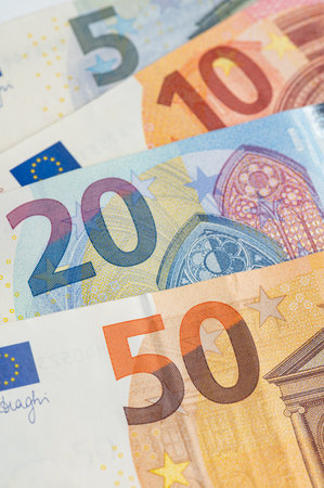 5, 10, 20, 50 euro banknotes. Money on white backgroundの写真素材