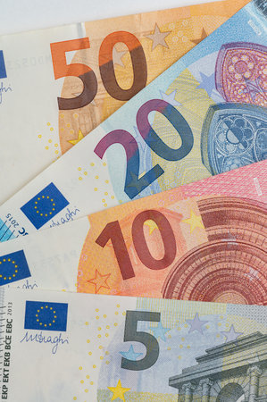 5, 10, 20, 50 euro banknotes. Money on white backgroundの写真素材