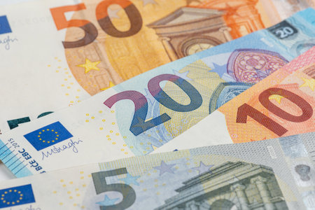 5, 10, 20, 50 euro banknotes. Money on white backgroundの写真素材