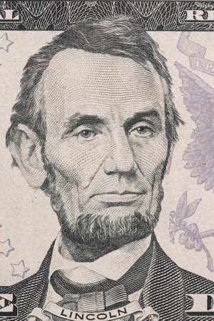 5 dollar bill close up, Portrait of Abraham Lincoln. U.S. presidentの写真素材