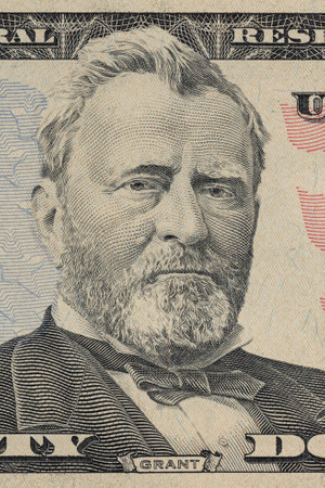 Close up of new fifty dollar bill. Macro close up of Ulysses S. Grant. 50 dollar bill.の写真素材