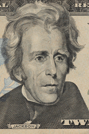 Andrew Jackson portrait macro usa twenty dollar banknote or bill.の写真素材