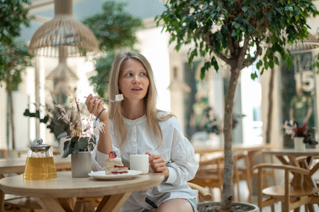 Attractive girl drinking tea with cake in cafeの写真素材