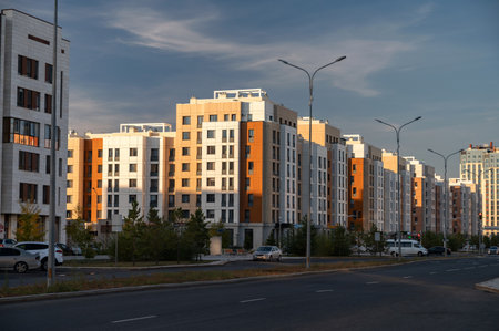 Cityscape of a residential area with modern apartment buildingsの写真素材