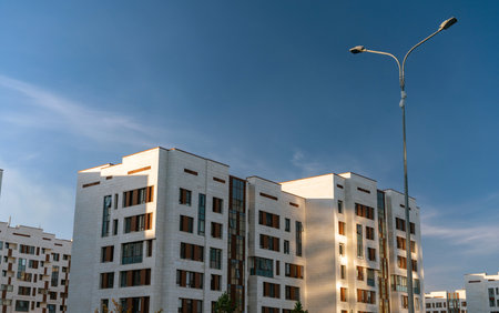 Cityscape of a residential area with modern apartment buildingsの写真素材
