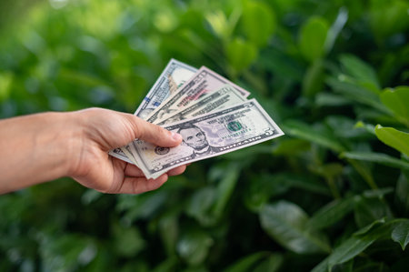 Close up 100 Dollar bank note in hand on grass background. One hundred American dollars.の写真素材