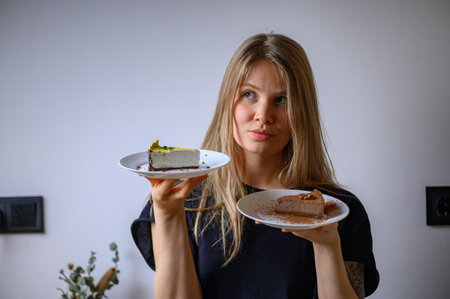 Girl holds a plates of vegan cakes. Cashewcakesの写真素材