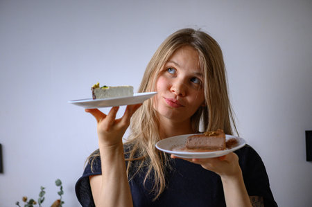 Girl holds a plates of vegan cakes. Cashewcakesの写真素材