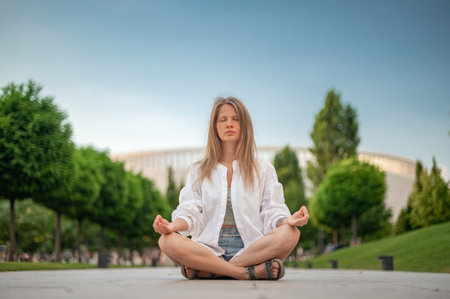 Girl practice yoga meditation outdoor in parkの写真素材